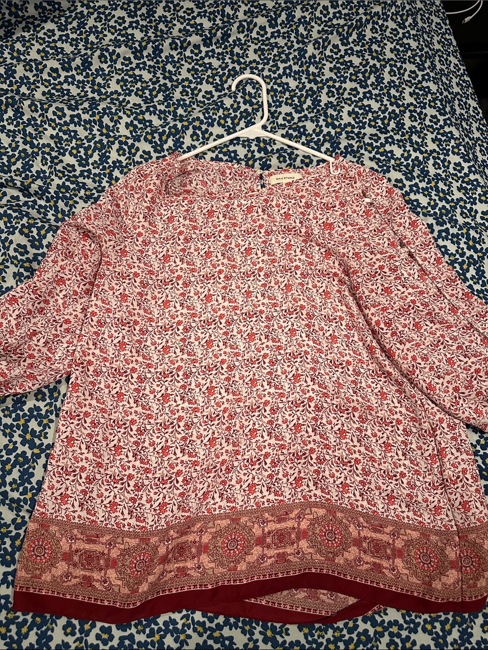 Max Studio Red and White Floral Border Blouse